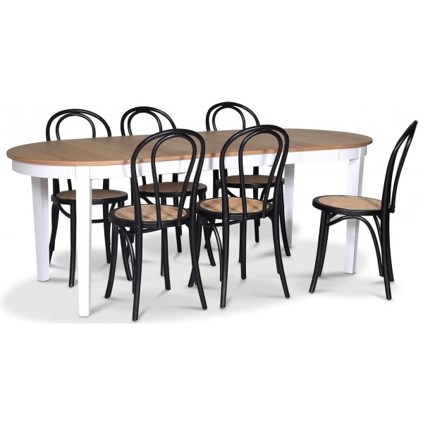 Fr spisegruppe; Ovalt spisebord 160-210 cm - Hvit / Oljet eik med 6 stk Danderyd No.18 spisestoler Svart