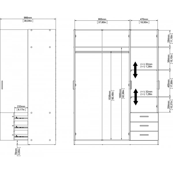 Sprint garderobe med 3 d�rer og 3 skuffer - Hickory