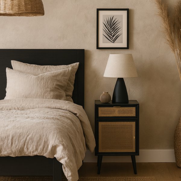 Stockholm svart nattbord med rotting + M�belrengj�ring