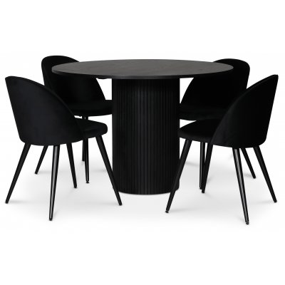 Cobe spisegruppe; rundt spisebord i svartbeiset eik + 4 Alice spisestoler, svart fløyel
