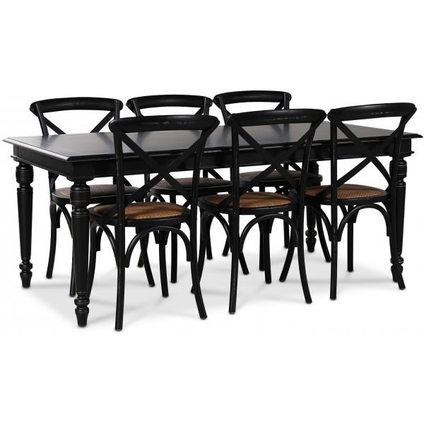 Paris spisegruppe 180 cm bord svart + 6 st svarte Gaston spisestoler