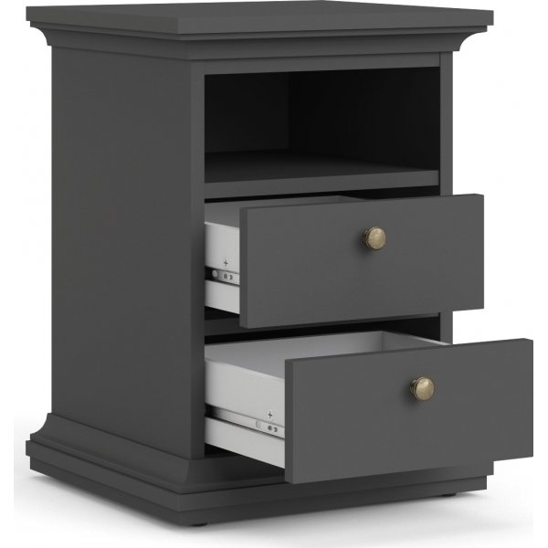 Paris smalt nattbord med 2 skuffer og 1 åpent rom - Grå Paris smalt nattbord med 2 skuffer og 1 åpent rom - Grå