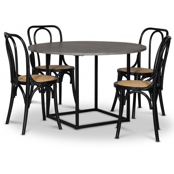 Sintorp spisegruppe, rundt spisebord 115 cm inkludert 4 stk. Samset stoler i byd tre - betong (laminat)