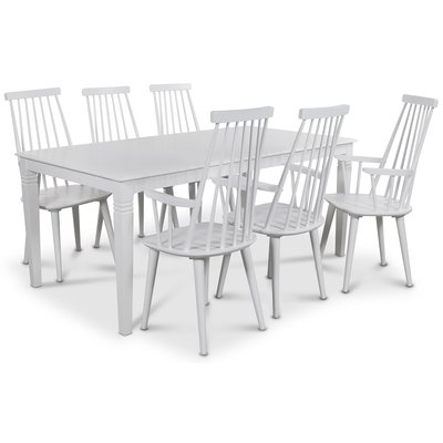Mellby spisegruppe 180 cm bord med 6 stk hvite Dalsland Cane stoler med armlener