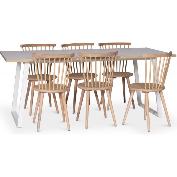 Edge spisegruppe; Spisebord i hvit HPL 190x90 cm med 6 Castor stokkstoler i hvitvask